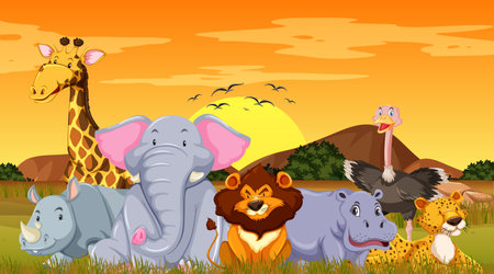 Savanna forest scene with wild animals illustrationのイラスト素材