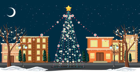 Decorated Christmas tree in the town at night scene illustrationのイラスト素材