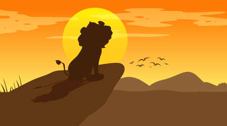 Lion silhouette at savanna forest illustrationのイラスト素材