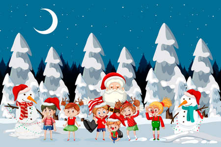 Christmas winter scene with happy children illustrationのイラスト素材