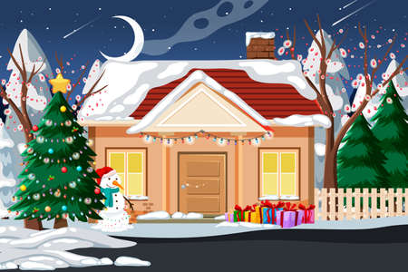 Snow-covered a house and decorated with Christmas decorations illustrationのイラスト素材