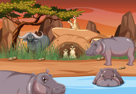 Savanna forest scene with wild animals illustrationのイラスト素材
