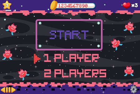Pixel space game interface with start button illustrationのイラスト素材