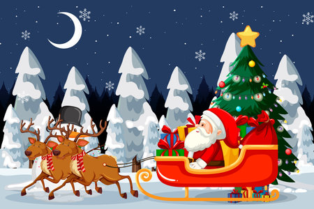 Santa Claus on sleigh with reindeer at night scene illustrationのイラスト素材