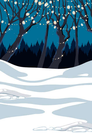 Scene with snow ground and tree decorated with lights illustrationのイラスト素材
