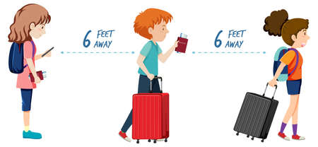 People standing in line and keep distancing illustrationのイラスト素材