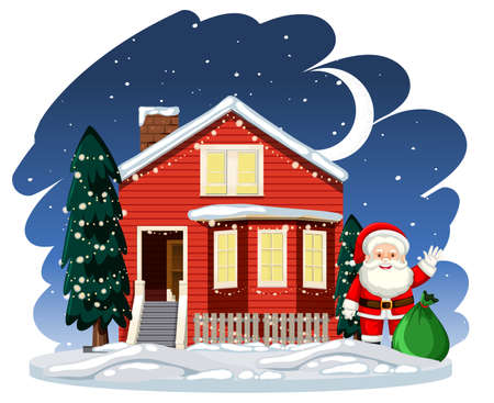 Santa Claus standing next to a house at night scene illustrationのイラスト素材
