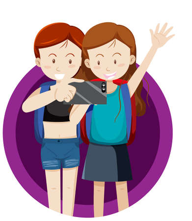 Two girls taking picture with phone illustrationのイラスト素材