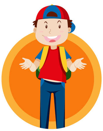 Happy boy with backpack on orange background illustrationのイラスト素材