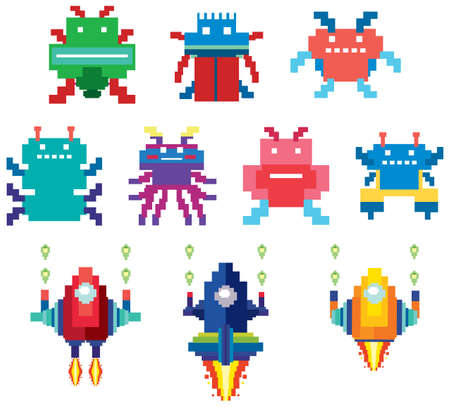 Set of pixel game monster characters isolated illustration