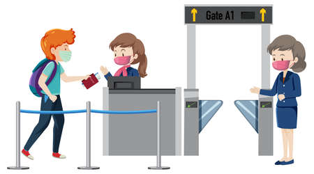 Passenger walking to boarding gate entrance with service staffs illustrationのイラスト素材