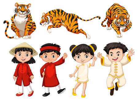 Set of asian kids and tigers illustrationのイラスト素材