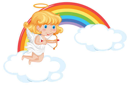 Angel girl holding bow and arrow with rainbow background illustrationのイラスト素材