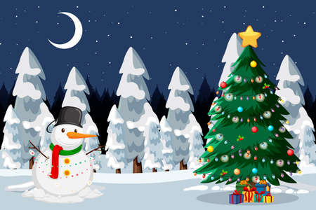 Christmas snowman and decorated tree in the snow at night scene illustrationのイラスト素材