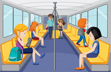 Scene with many people using public transportation illustrationのイラスト素材