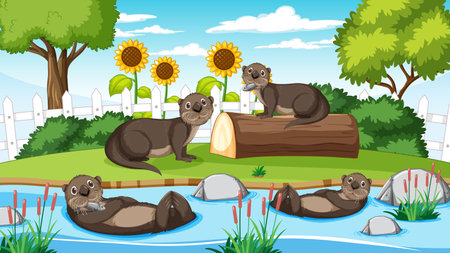 River in the forest with otters illustrationのイラスト素材