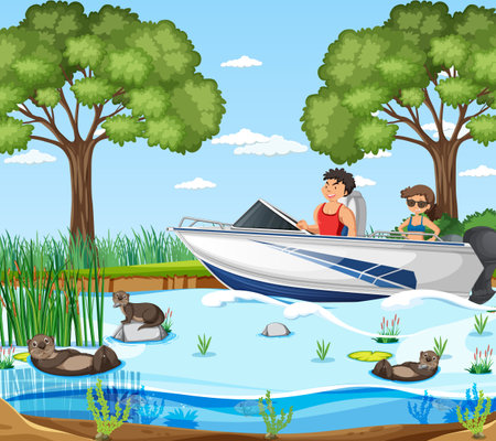 River forest scene with traveller on a speed boat illustrationのイラスト素材