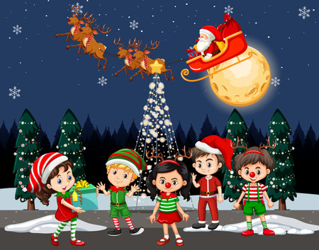 Christmas winter scene with happy children illustrationのイラスト素材