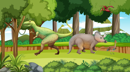 Dinosaur in prehistoric forest scene  illustrationのイラスト素材