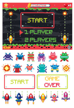 Retro pixel space game interface  illustrationのイラスト素材