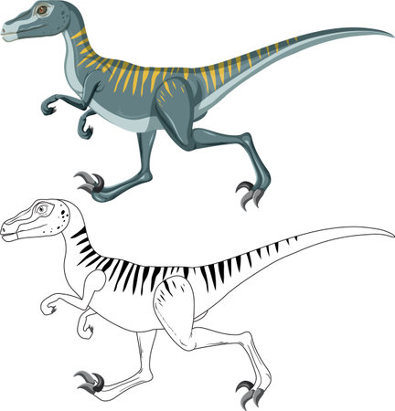 Velociraptor dinosaur with its doodle outline on white background illustrationのイラスト素材