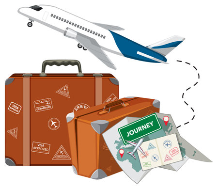 Travelling objects with airplane on white background illustrationのイラスト素材