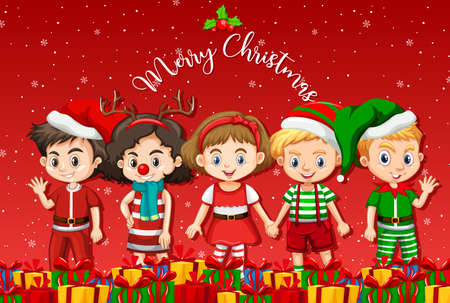 Merry Christmas banner with children in Christmas costumes illustrationのイラスト素材