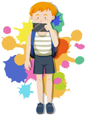 Boy with backpack and camera on colorful background illustrationのイラスト素材