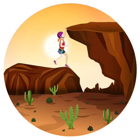 Scene with people climbing rocky moutain on circle artboard illustrationのイラスト素材