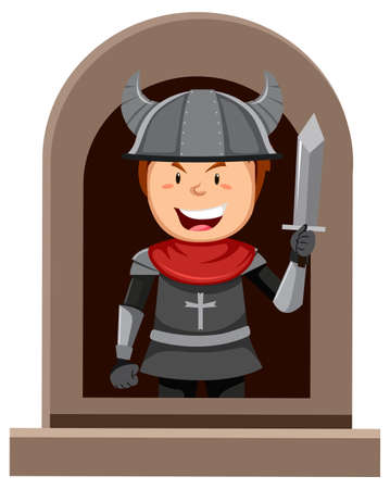 Fantasy knight character by the window on white background illustrationのイラスト素材