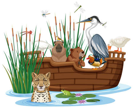 Many animals on the boat illustrationのイラスト素材