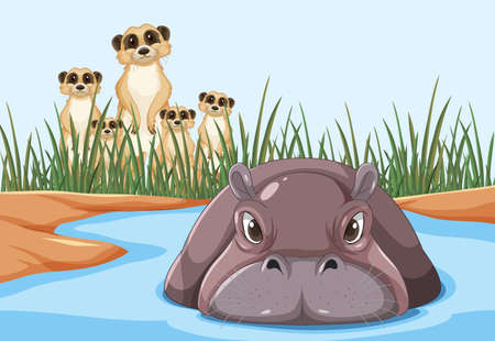 Forest scene with hippopotamus in the water illustrationのイラスト素材