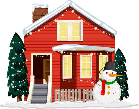 Christmas decorated house with a snowman illustrationのイラスト素材