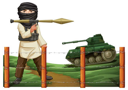 War scene with terrorist and tank on the ground illustrationのイラスト素材