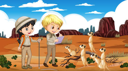 Explorer kids with meerkat group in desert forest illustrationのイラスト素材