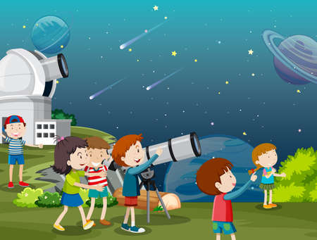 A Kids Looking at the planet with Telescope illustration