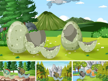 Scene with broken eggs in the field illustrationのイラスト素材