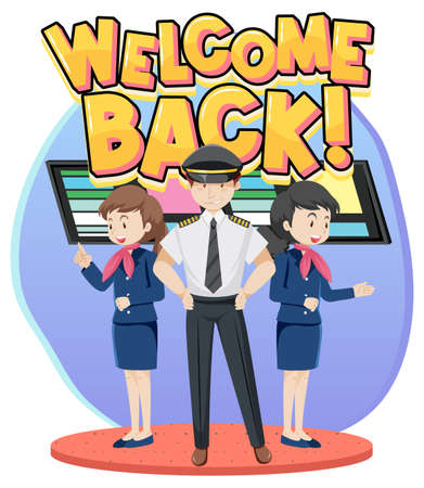 Welcome Back typography logo with aircrews cartoon characters illustrationのイラスト素材