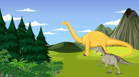 Scene with dinosaurs in the field illustrationのイラスト素材