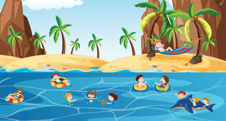 children playing at beach in summer illustrationのイラスト素材