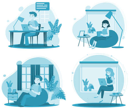 People working at coworking space simple flat design illustrationのイラスト素材