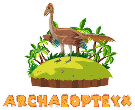 Font design for archaeopteryx dinosaur on island illustrationのイラスト素材