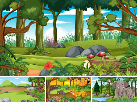Four forest scenes with wild animals illustrationのイラスト素材