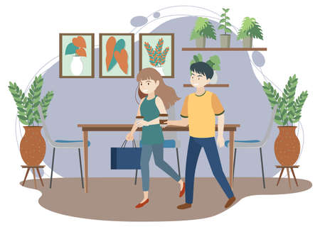 Love couples walking and talking to each other at cafe illustrationのイラスト素材