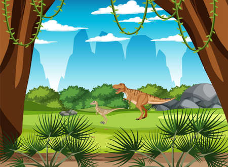 Scene with dinosaurs in the forest illustrationのイラスト素材