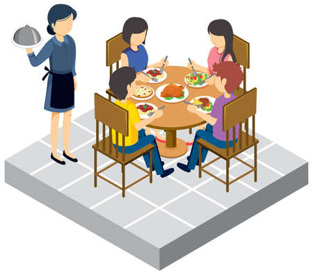 Family dining table with a waitress isometric illustrationのイラスト素材