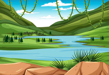 Scene with river in forest illustrationのイラスト素材