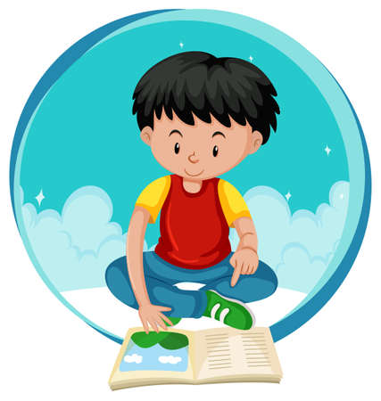 Little boy reading a book on white background illustrationのイラスト素材