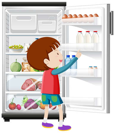 A boy and refrigerator with lots of food. illustrationのイラスト素材