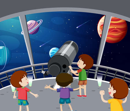 A Kids Looking at the planet with Telescope at observatory illustrationのイラスト素材